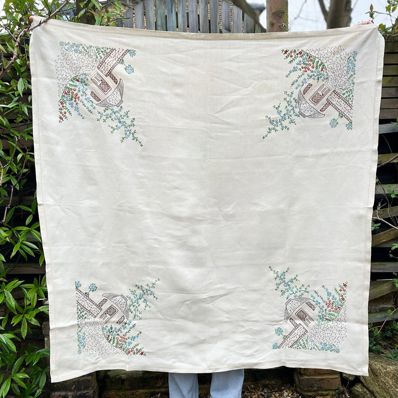 Hand Embroidered Vintage Tablecloth - Cottage