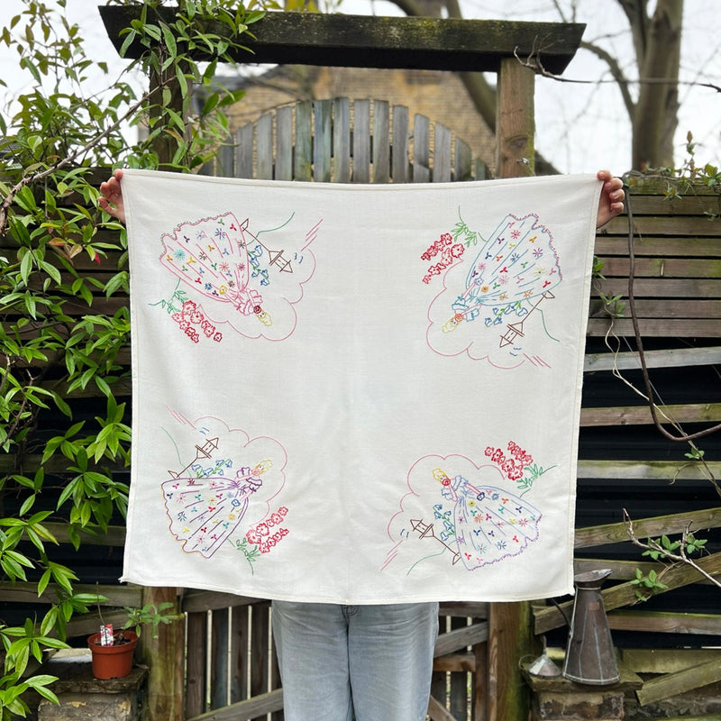 Hand Embroidered Vintage Tablecloth - The Crinoline Lady, Brights