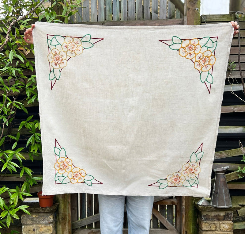 Hand Embroidered Vintage Tablecloth - Floral Triangle