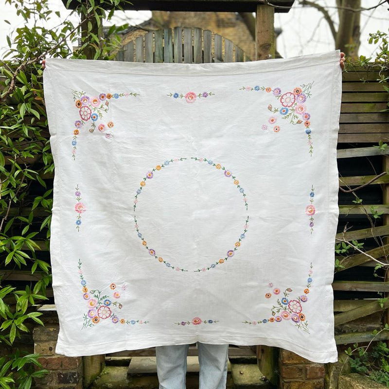 Hand Embroidered Vintage Tablecloth - Floral Circle