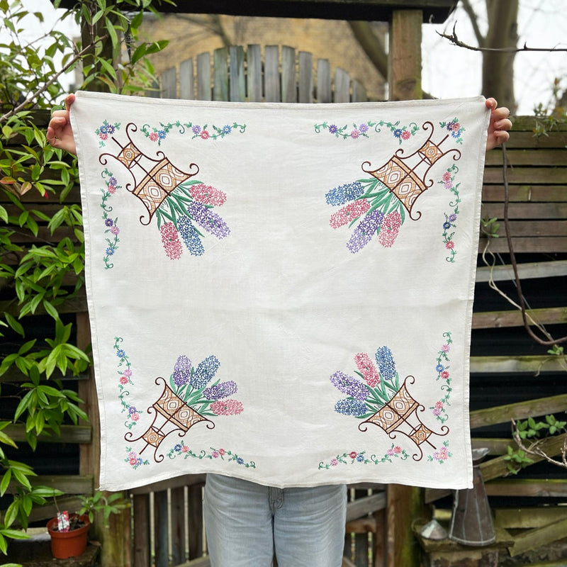 Hand Embroidered Vintage Tablecloth - Hyacinths