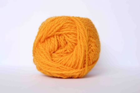 A yellow ball of wool 2 ply Jamieson and Smith on a white background